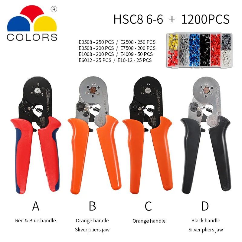 HSC8 6-6 1200PCS Шестиугольник 6-4 0,25-10 мм 23-7AWG четырехугольник трубки обжимной для обжима пресс Клещи обжимные ручной наконечников проводов инструмент HSC8 - Цвет: HSC8 6-6 1200PCS