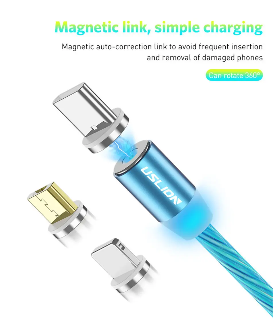 Светодиодный светящийся Магнитный usb-кабель USLION для iPhone, huawei, samsung, кабель USB type-C и зарядное устройство Micro usb для телефона, кабель-светильник