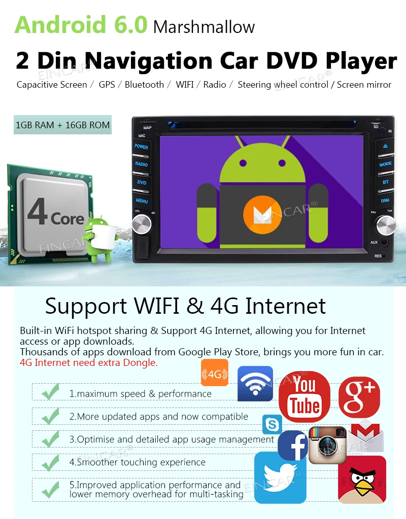 Android 6 0 Автомобильный DVD CD плеер 2 ''емкостный сенсорный экран в тире двойной Din