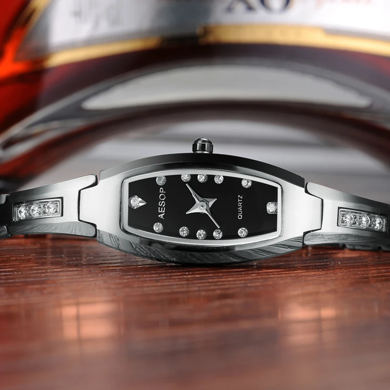 Женские стальные часы AESOP роскошные Серебристые черные с бриллиантом|Кварцевые