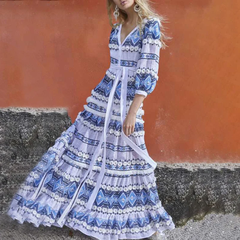 TWOTWINSTYLE Vintage Embroidery Tassel Patchwork Dress For Female V Neck Long Sleeve High Waist Lace Up Midi Dresses Women