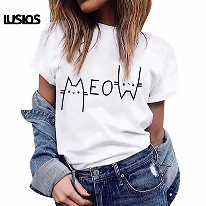 Футболка LUSLOS Meow женская с принтом милого кота летняя белая футболка 2019 кошки для