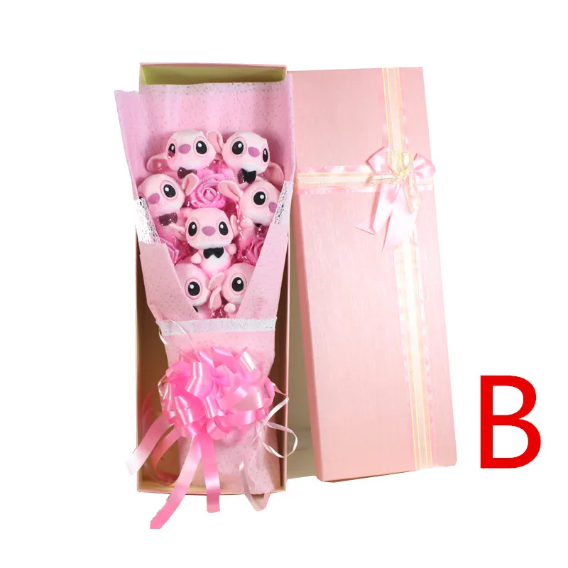 B no box Искусственные цветы для украшения Свадебный букет kawaii Мини плюшевая тематика «Лило и Стич» Игрушки для букетов День Святого Валентина Любовь Роза - Цвет: B no box