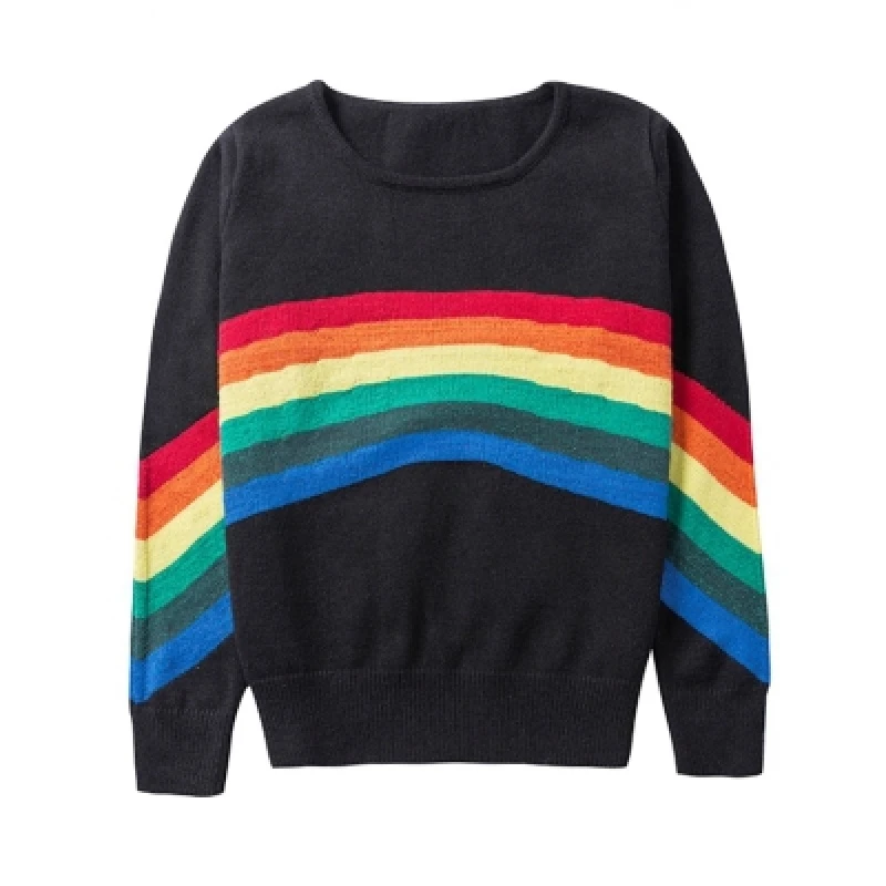 Luxury Designer Contrast Color Women O-neck Long Sleeve Knit Sweater Loose Casual Rainbow Striped PulloversTops Autumn Winter | Женская