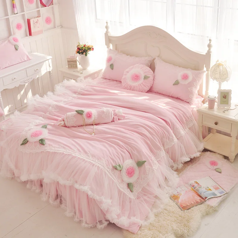 

Свадебный комплект постельного белья из флисовой ткани розового, синего, фиолетового цветов в Корейском стиле принцессы кружевной пододея...