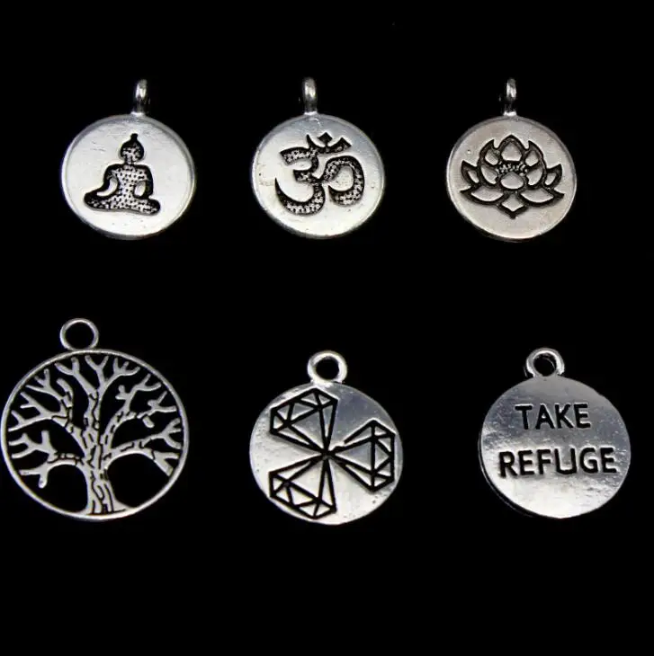 10 шт./лот тибетский серебристый Круглый бирка Lotus Life Tree талисманы Будда 6 стилей