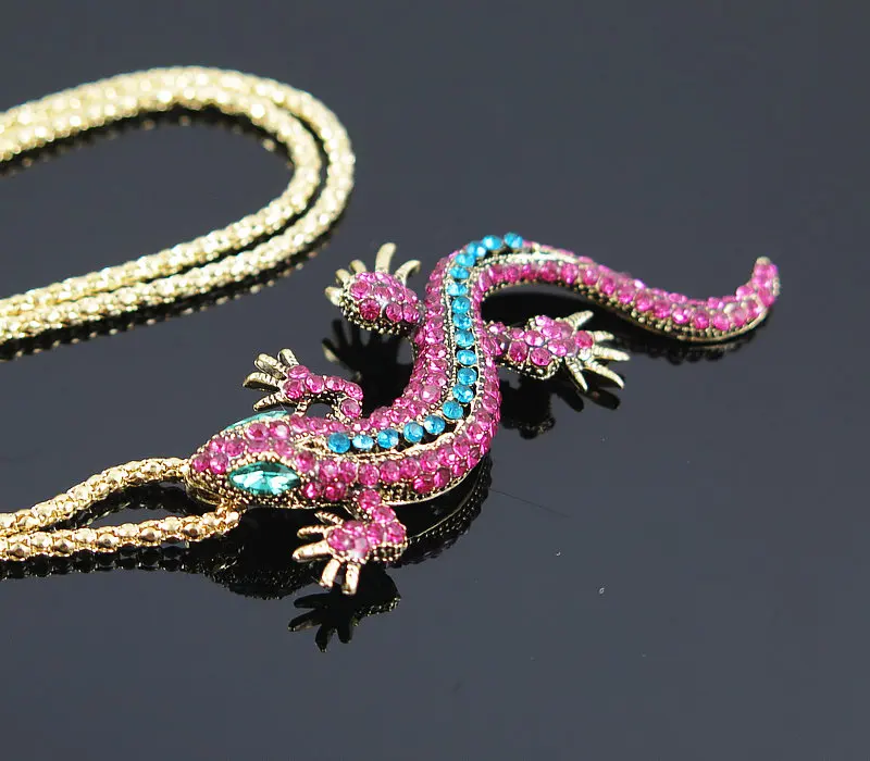 Массивное ожерелье Gecko Ящерица с кристаллом длинная цепочка под свитер кулон