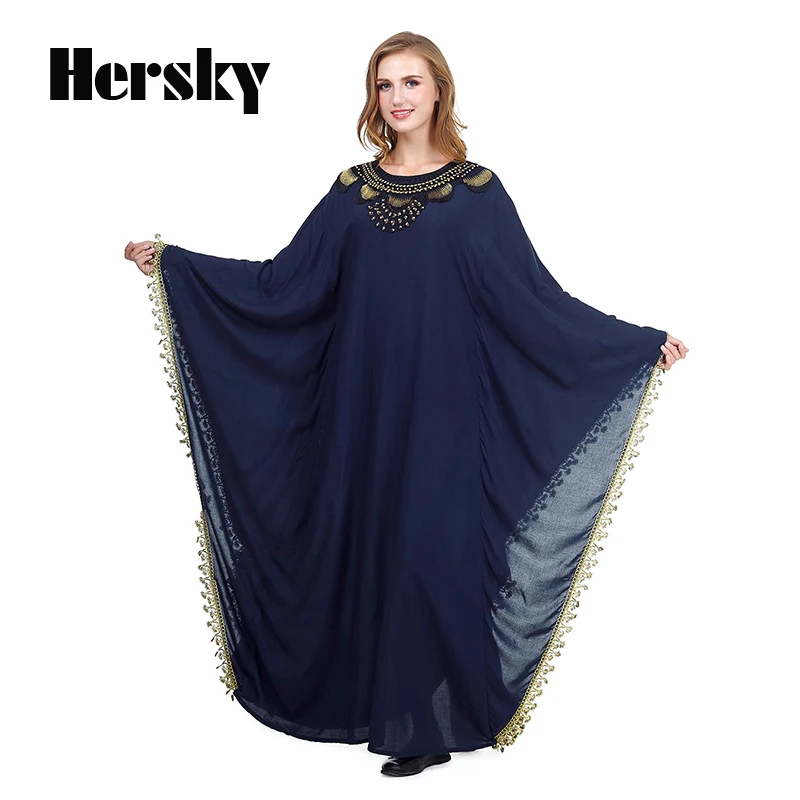 Middle East Dubai Loose Abaya Kaftan Turkish Muslim Embroidery Dress Islamic Women Bat Sleeve Navy Dresses Clothing Plus Size |