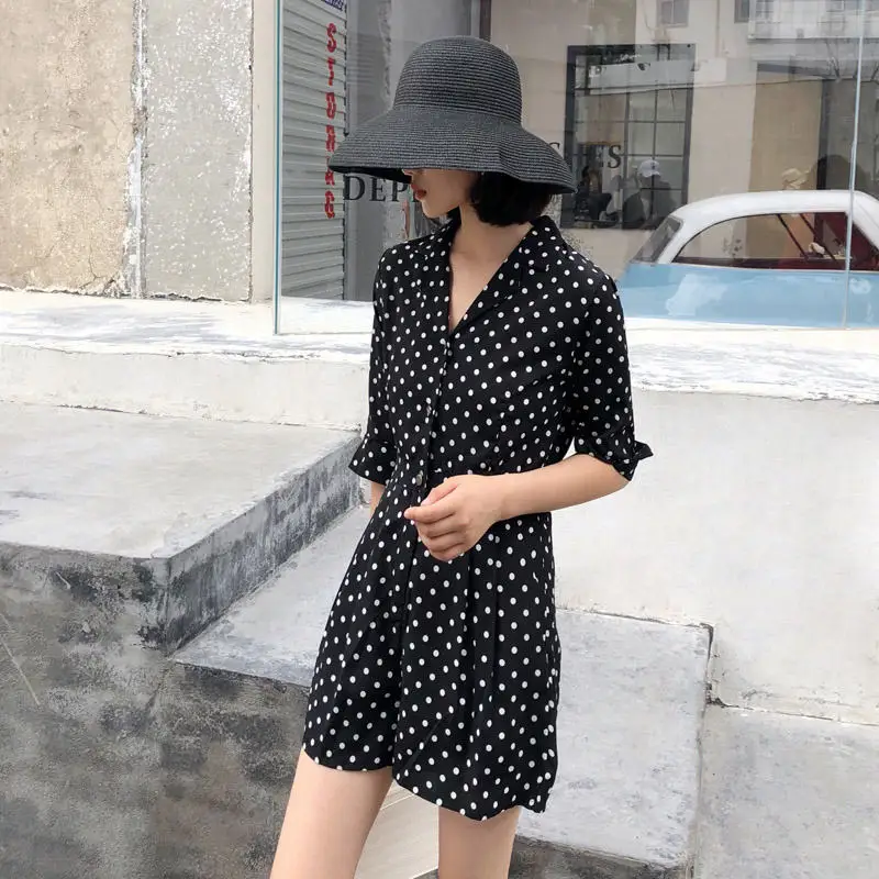 

Женский шифоновый комбинезон в горошек Vestido, Летний комбинезон с высокой талией, облегающие шорты с v-образным вырезом и коротким рукавом, f836