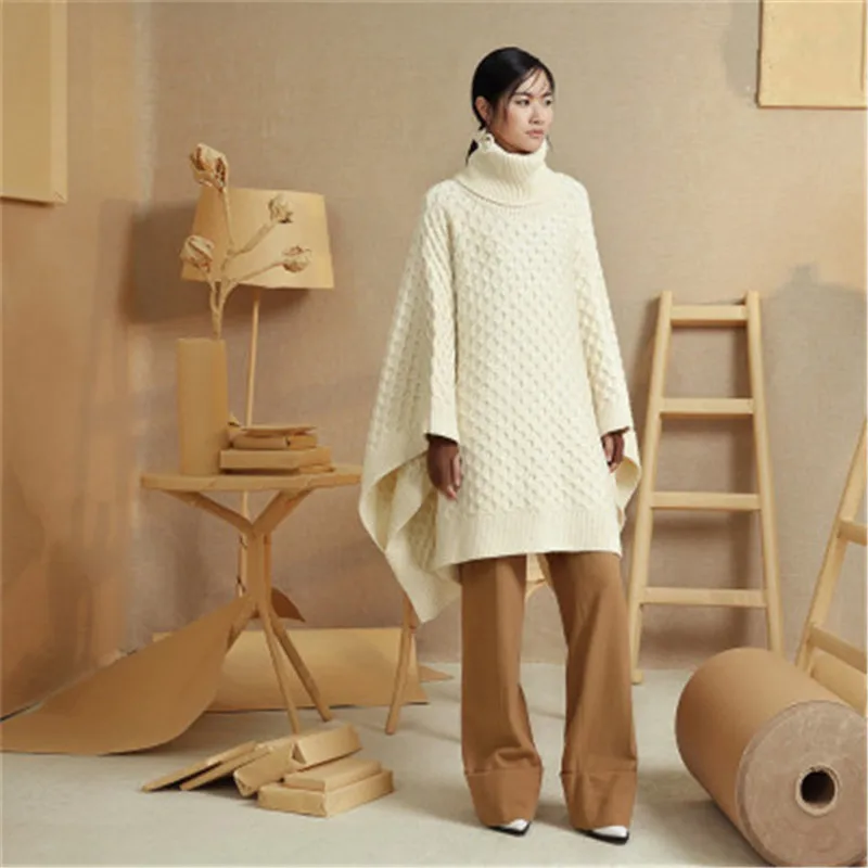 

top grade 100%hand made pure wool knit women fashion turtleneck batwing sleeve long cloak sweater solid color one&over size