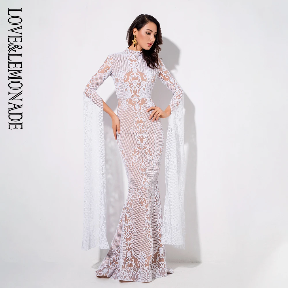 Женское блестящее платье LOVE & LEMONADE белое длинное с геометрическим рисунком