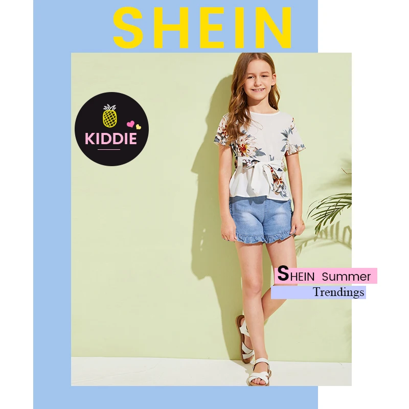 SHEIN Kiddie/белая блузка в стиле бохо с цветочным принтом и галстуком спереди; топы для детей; коллекция года; летние праздничные милые блузки с короткими рукавами и пуговицами в стиле бохо