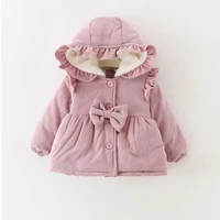 dfxd new baby girls thick cotton padded coat fashion winter corduroy warm outwear cute baby velvet hooded bowknot pink jackets