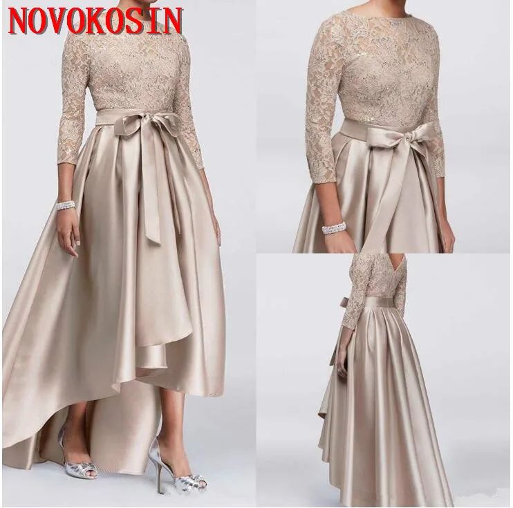 Beautiful High Low Lace Evening Dresses 2019 3/4 Long Sleeve Satin Vestidos De Festa Prom Mother Of The Bride Formal Dress | Свадьбы и
