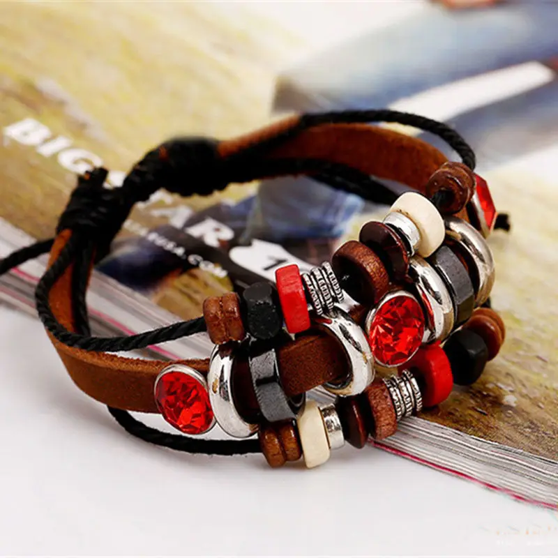 Богемский этнический браслет Многослойная натуральная кожа ремешок Круглый бисер браслет для женщин ювелирные изделия
