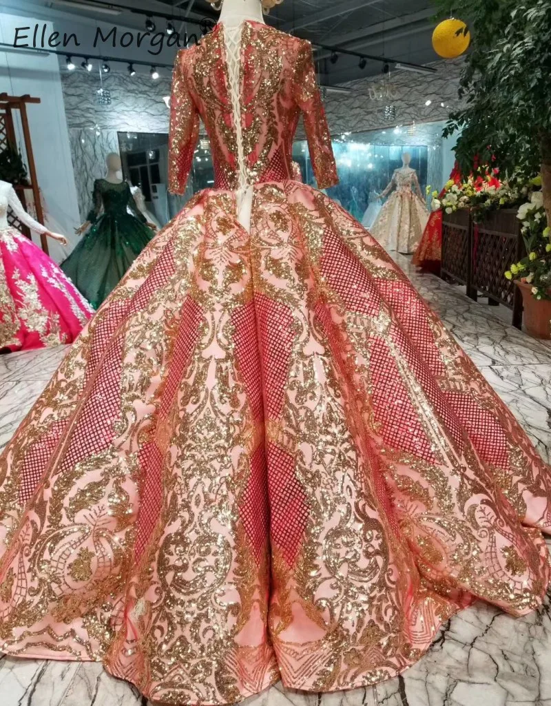 Saudi Arabian Long Sleeve Evening Dresses Glitter Pink Ball Gowns Pageant Miss Sheer V Neck Lace up Formal Event Dress Party2019 | Свадьбы и