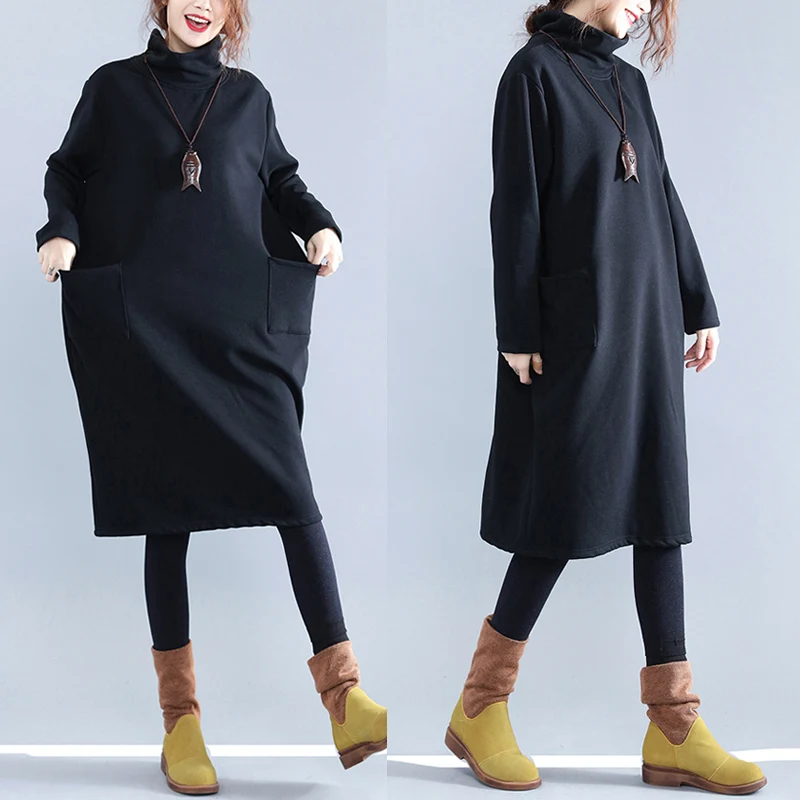 Plus Size Women Hoodies& Sweatshirts Winter Thickening Warm Cotton Fashion Female Big Size Casual Turtleneck Black Dress