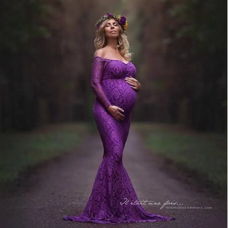 Мода для беременных платье фотосессии макси с открытыми плечами кружевной