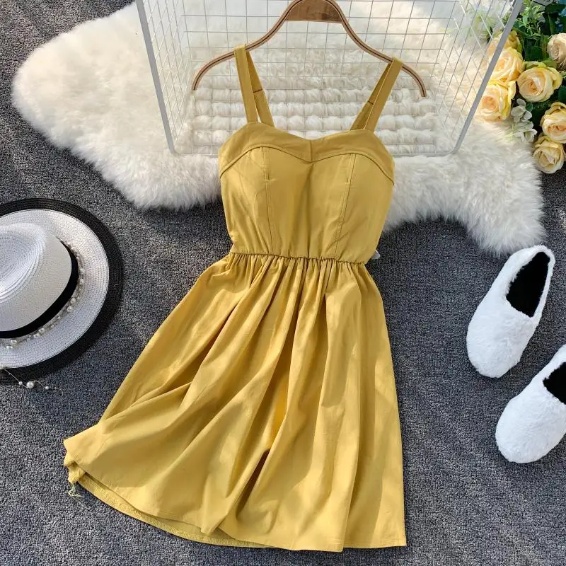 Новинка 2019 года Летние однотонные платья до колена на бретельках без бретелек