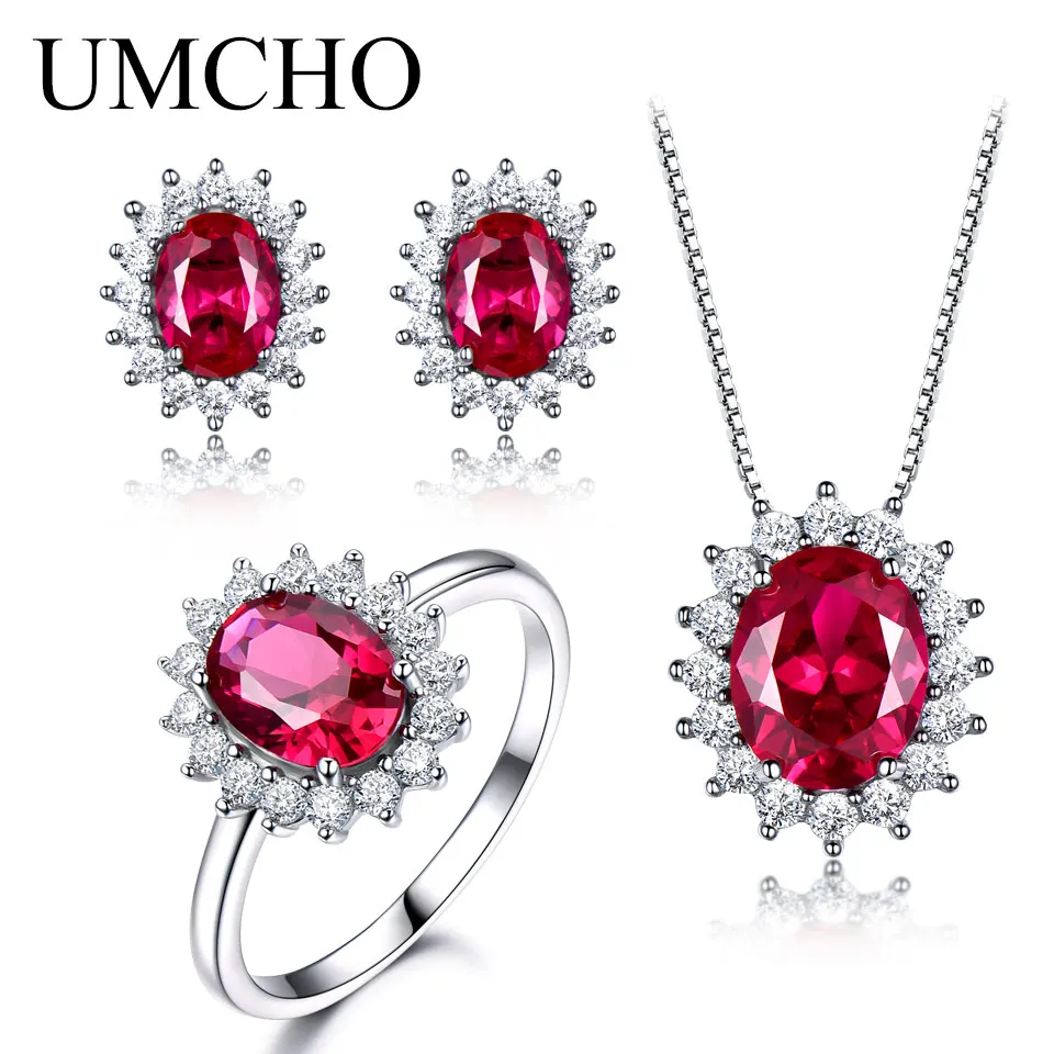 ruby UMCHO 925 пробы серебряные ювелирные изделия набор нано Синий Сапфир Кольцо Кулон Серьги гвоздики для женщин бренд ювелирные изделия высшего качества - Цвет камня: ruby