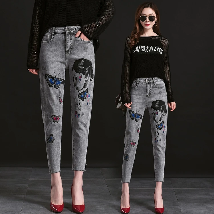 Брюки-султанки женские из денима Модные Винтажные повседневные штаны с принтом