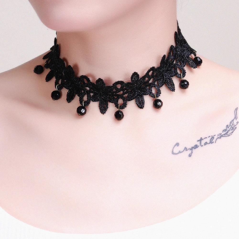 Винтажное готическое ожерелье чокер в стиле Лолиты панк с кристаллами черного