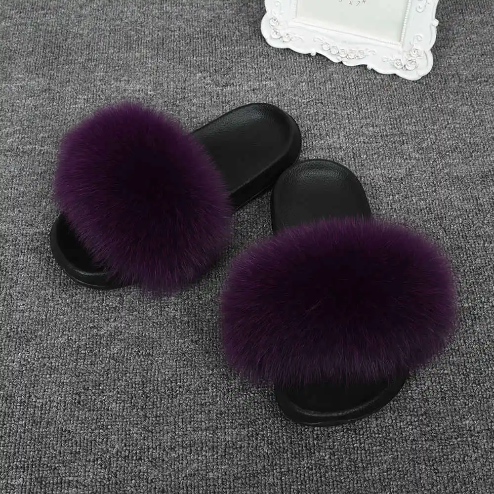 Purple CCFUR/Женские меховые тапочки; милые женские пушистые шлепанцы с натуральным лисьим мехом; женские меховые шлепанцы для дома; S6043B - Цвет: Purple