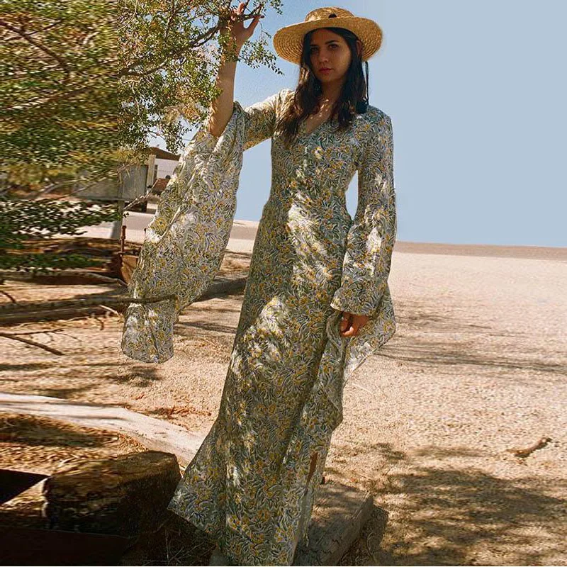 Платье Макси женское ТРАПЕЦИЕВИДНОЕ с длинным рукавом и V образным