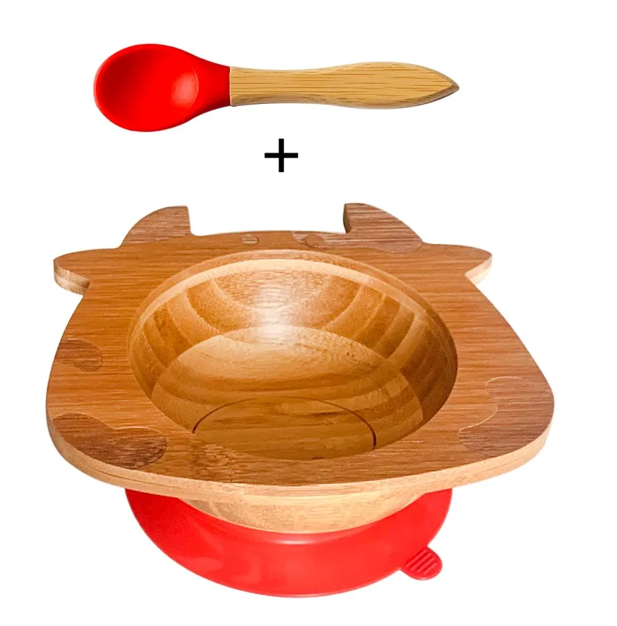 Red Bowl and Spoon Бутылочка для кормления ребенка ложка и вилка набор, расположенных бамбуковая доска с Защита от проливов, оставайтесь на месте всасывания кольцо - Цвет: Red Bowl and Spoon