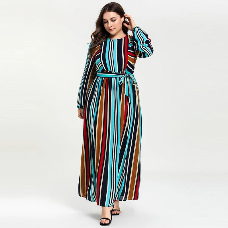 Женское длинное платье макси в разноцветную полоску с поясом фонариком Abaya