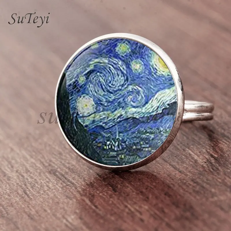 silver SUTEYI классические круглые стеклянные кольца художественная живопись регулируемое кольцо Звездная ночь Винсента Ван Гога 1889 ручной работы кольцо на память - Цвет основного камня: silver