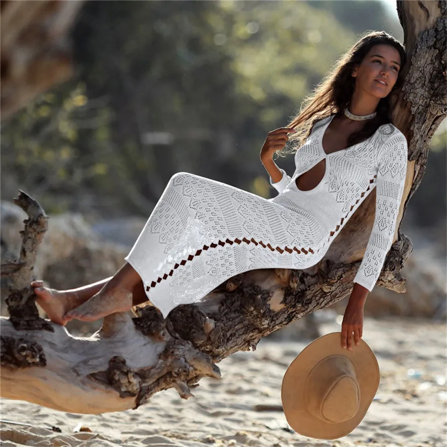 New Sexy Long Beach Dress Women Swimsuit Cover-up Hollow Out Bathing Suit Beachwear Knitting Summer Dresses Casual Bikini Tunic