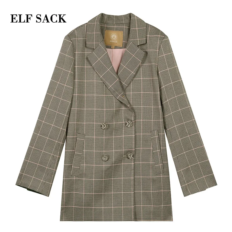 ELFSACK, новинка, хлопковые блейзеры, женский костюм, пальто, повседневное, в клетку, двубортное, с зубцами, Женское пальто, для офиса, для девушек, блейзеры, женские блейзеры