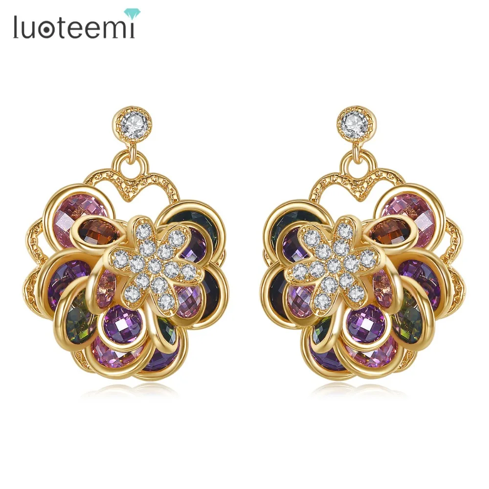 Luoteemi Марка Уникальный Новинка Висячие серьги цветы Форма с Champagne Gold Цвет Multi CZ