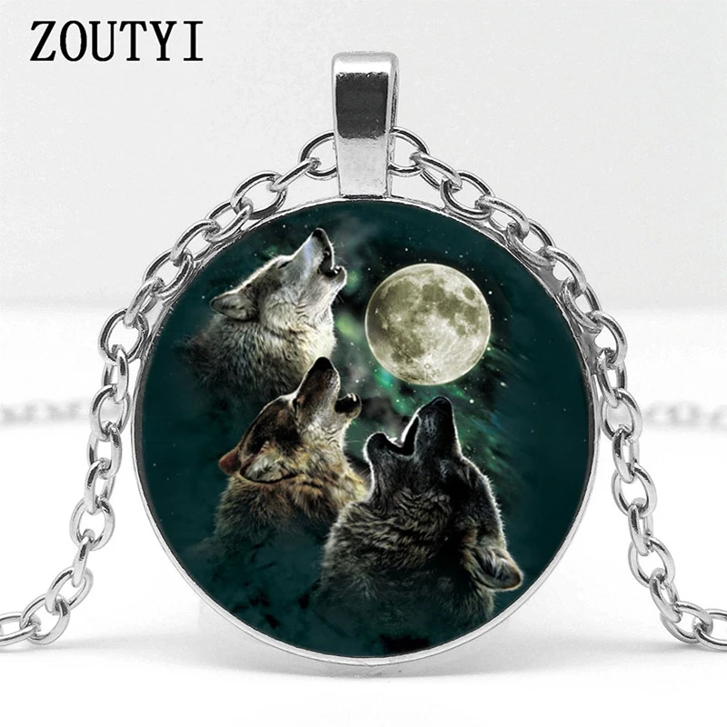 2018/фото ожерелье с подвеской из стекла изображением трех волков под луной в