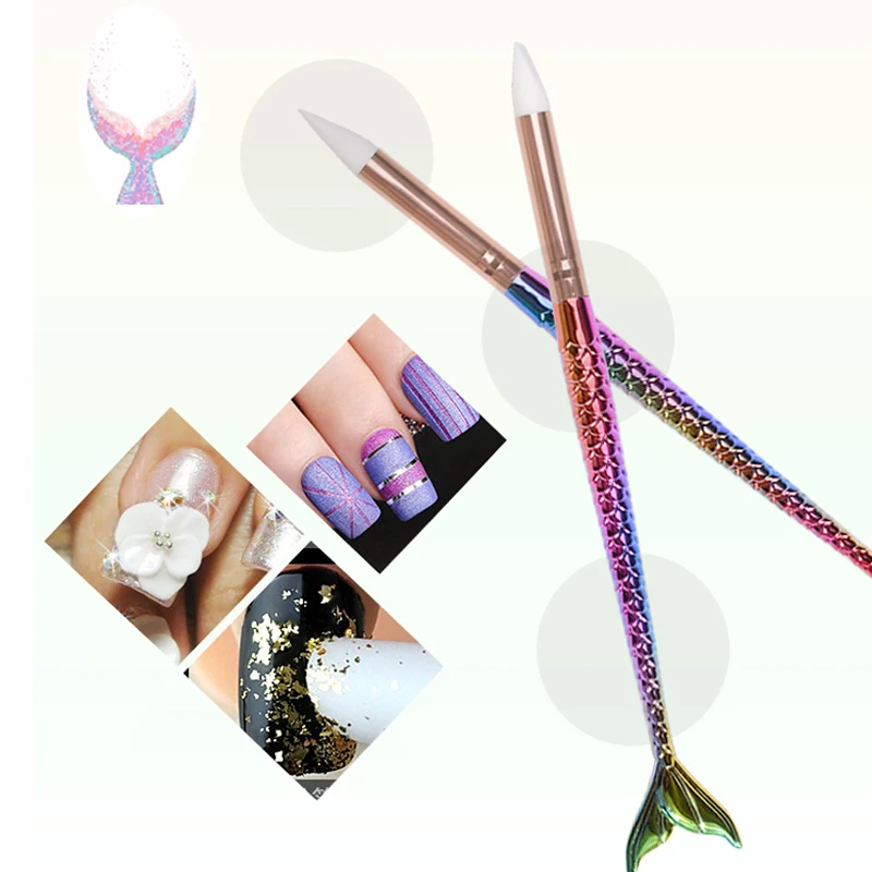 1 шт. Русалка градиентная металлическая ручка дизайн ногтей силиконовая кисть