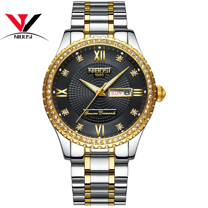 silver gold black s NIBOSI часы унисекс, часы для влюбленных, Лидирующий бренд, Роскошные мужские часы и часы, женские водонепроницаемые кварцевые наручные часы, женские часы с кристаллами - Цвет: silver gold black s