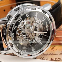 2016 new hot sale skeleton hollow fashion mechanical hand wind men luxury male business leather strap wrist watch relogio