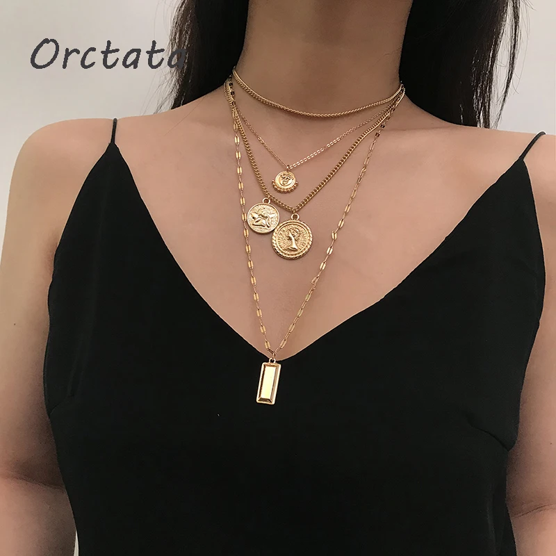 Многослойное длинное ожерелье с подвеской для женщин винтажное резными монетами