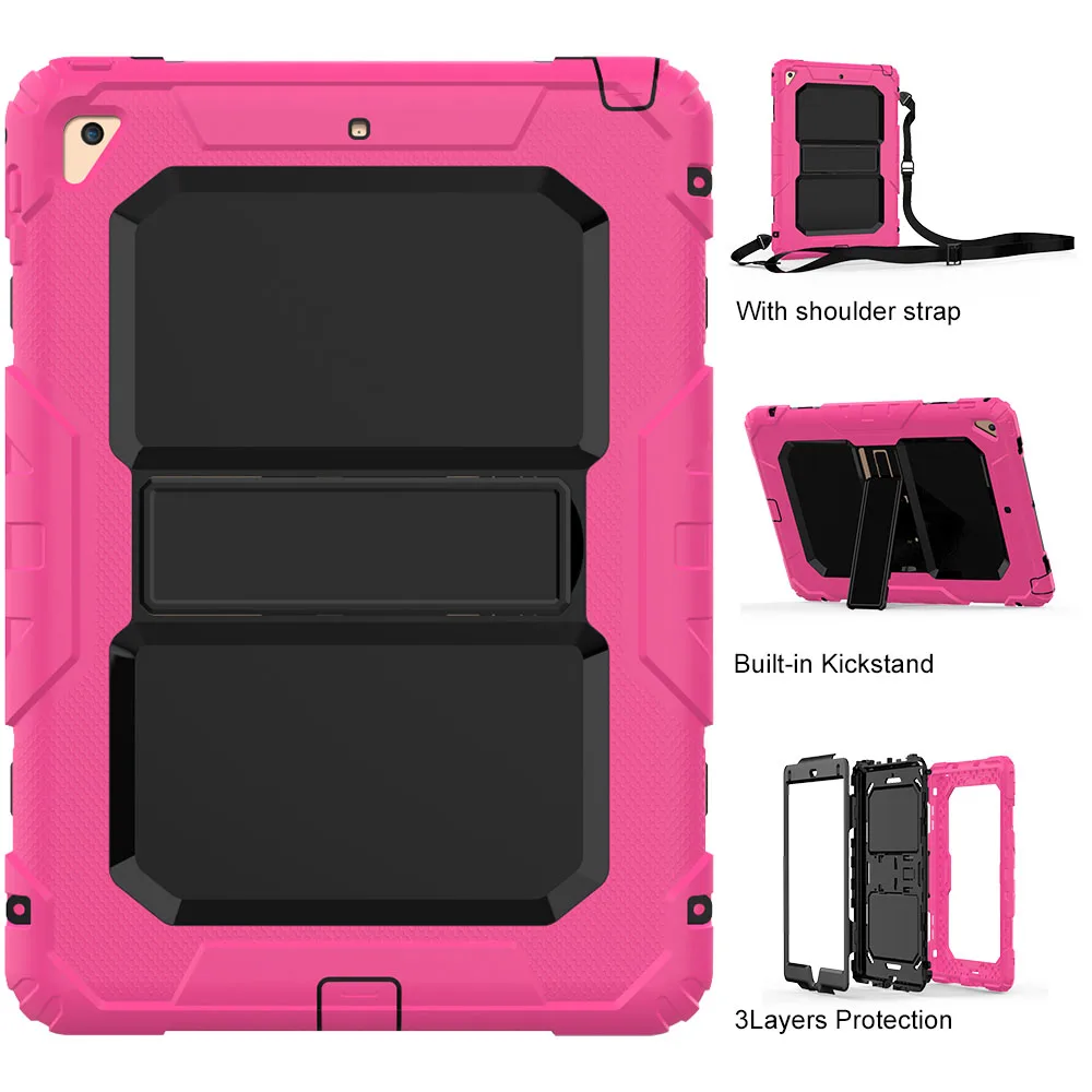 hot pink Для Coque iPad Air 2 чехол 3 слоя сверхпрочный Прочный противоударный силиконовый ремешок чехол-подставка для iPad Air 2 9,7 чехол - Цвет: hot pink