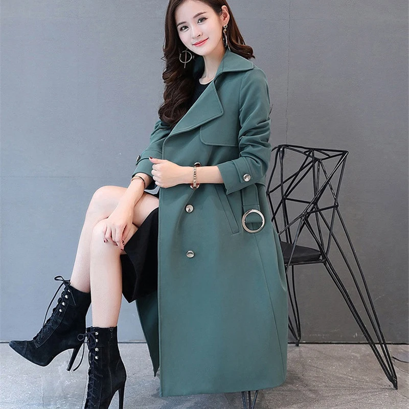2019 Демисезонный длинный плащ пальто женское элегантное двубортное девушки с