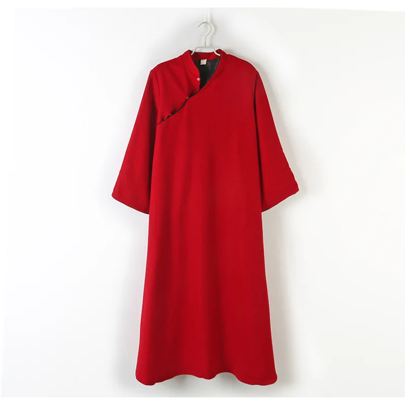 Chinese Cheongsam Dress Woolen Warm Thick Long Sleeve Dress Zen Tea Daily Long Sections Red