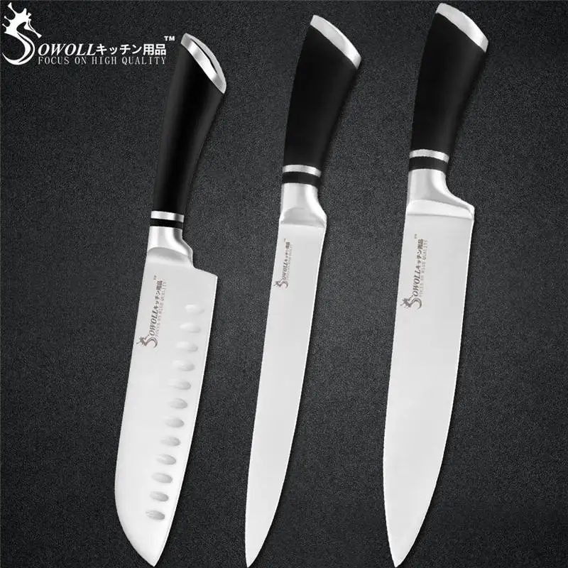 C.3pcs set Sowoll 6 шт. набор кухонных инструментов из нержавеющей стали изгиб удобная ручка шеф-повара для нарезки хлеба Santoku нож для очистки овощей приспособление для дома - Цвет: C.3pcs set