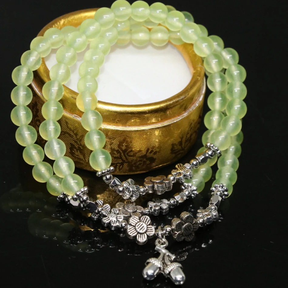 

Модный аксессуар серебристого цвета Натуральный светло-зеленый каменный халцедонский нефрит женский многослойный браслет 6 мм круглые бус...