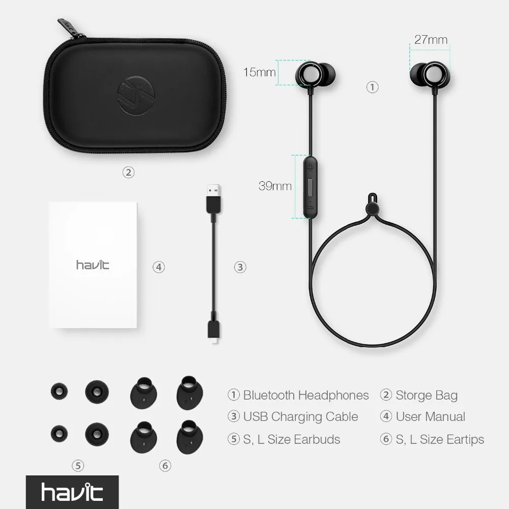 HAVIT Bluetooth наушники спортивные V4.2 IPX5 Sweatproof магнитные беруши беспроводные