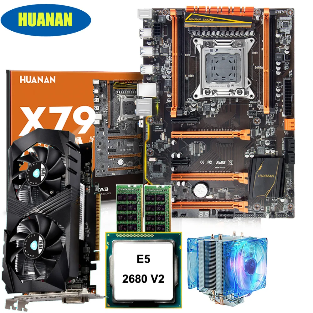 HUANAN Чжи deluxe X79 материнской комплект скидка материнской платы с Процессор Xeon E5 2680 V2 Оперативная память 32G(2* 16G) видеокарта GTX1050Ti 4G