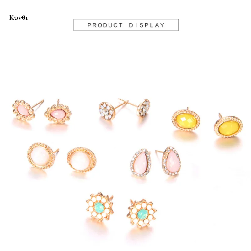 

6 pcs/Set Multi-element Water Drop Rhinestone Flower Earrings Opal Earrings Multi-piece Suit for Women Girl Fashion Jewelry