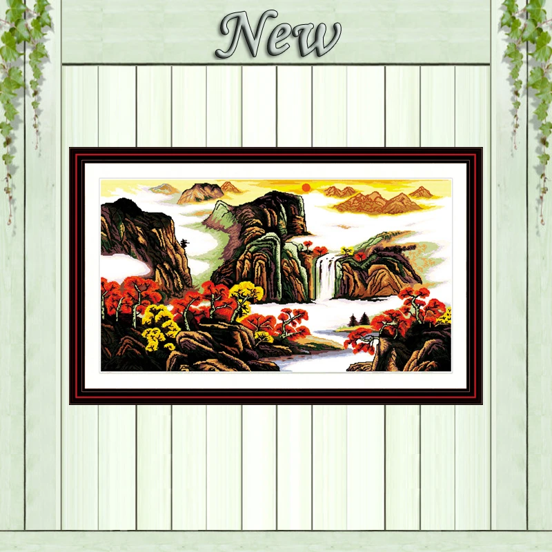 

Mountain and river sun Scenery mascot painting Counted print on canvas DMC 14CT 11CT Cross Stitch Needlework kits Embroider Sets