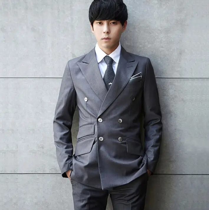 

Handsome men suit Double-breasted Gray cultivate morality Men's fashion formal dress suit ( jacket+Pants+tie)