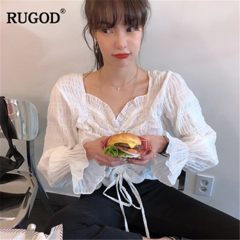 RUGOD шифоновые элегантные однотонные женские блузки с расклешенными рукавами v